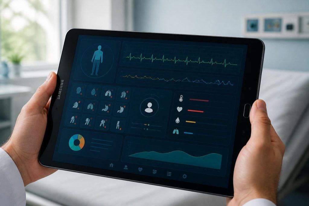 Suivi patient : symptômes et mesures santé sur tablette Samsung