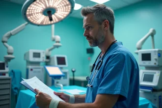 Anesthésiste en salle d'opération vérifiant les paramètres avant une anesthésie générale