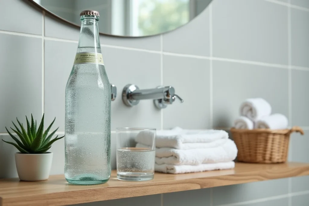 Bouteille d'eau minérale gazeuse Saint Antonin posée sur une étagère de salle de bain, reminède naturel contre la constipation passagère au quotidien