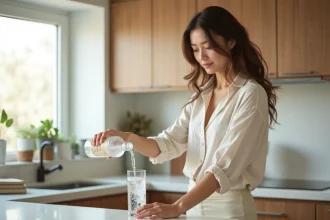 Femme versant de l'eau minérale gazeuse Saint Antonin dans un verre dans une cuisine moderne, remède naturel contre la constipation passagère