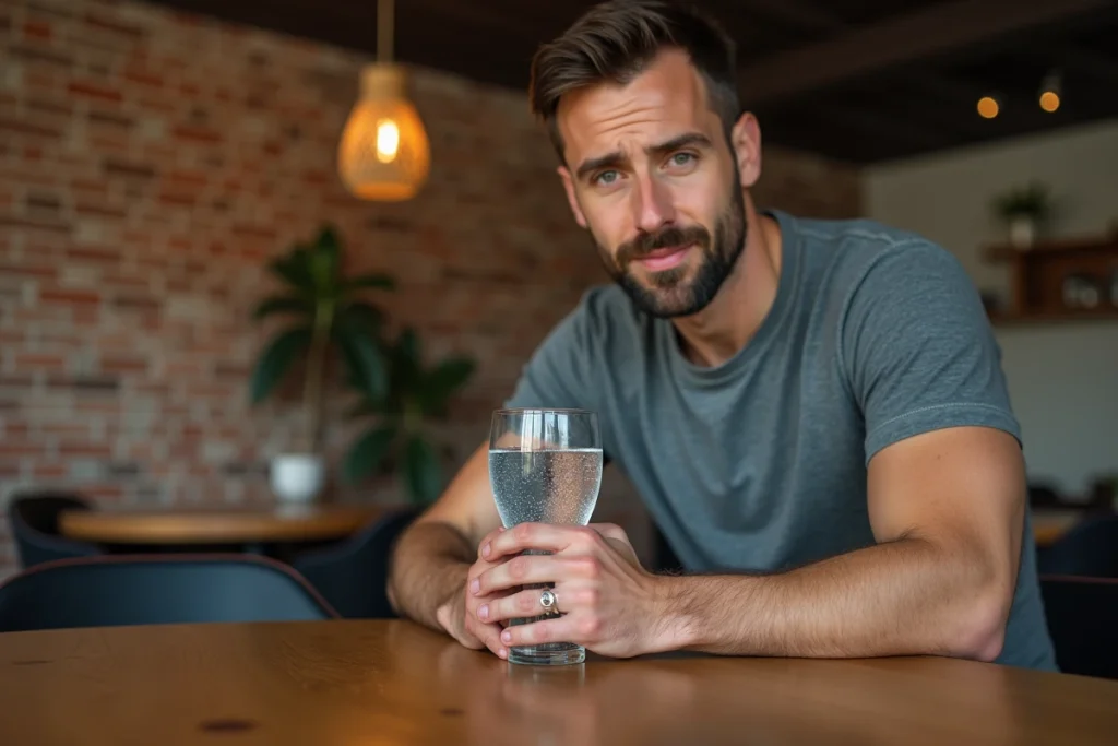 Homme tenant un verre d'eau gazeuse minérale à table, solution naturelle contre les troubles digestifs et la constipation légère