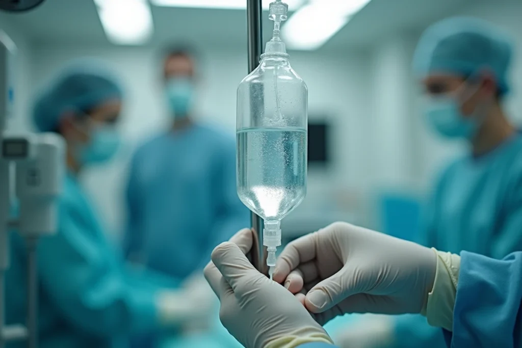 Mains d'un anesthésiste réglant une perfusion intraveineuse avant une anesthésie générale
