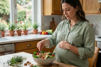 Femme enceinte préparant un repas équilibré avec des légumes frais et des aliments nutritifs dans une cuisine moderne en bois