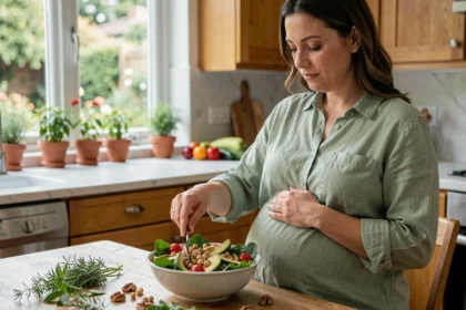 Femme enceinte préparant un repas équilibré avec des légumes frais et des aliments nutritifs dans une cuisine moderne en bois