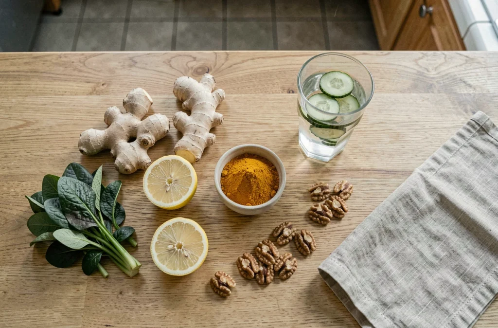 Aliments anti-inflammatoires disposés sur une table en bois pour soutenir la santé digestive et réduire les douleurs du talon liées à l'épine calcanéenne