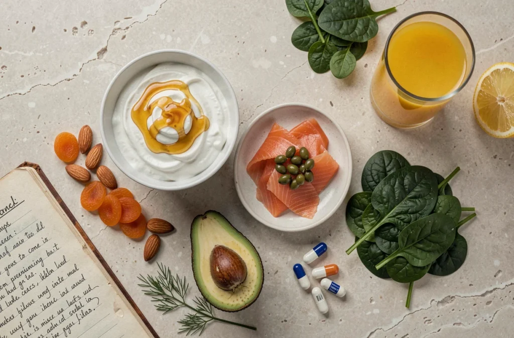 Sélection d'aliments essentiels pour la grossesse disposés sur une surface en pierre, incluant yaourt, saumon, avocat, amandes et jus d'orange riches en nutriments