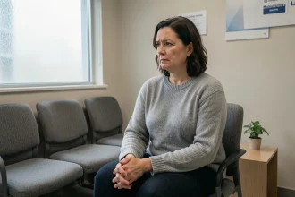 Femme anxieuse assise dans une salle d'attente médicale, illustrant l'anxiété liée au cancer et à la maladie de Gilbert