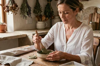 Femme appliquant un cataplasme d'argile verte sur son avant-bras à la maison, remède naturel contre les douleurs