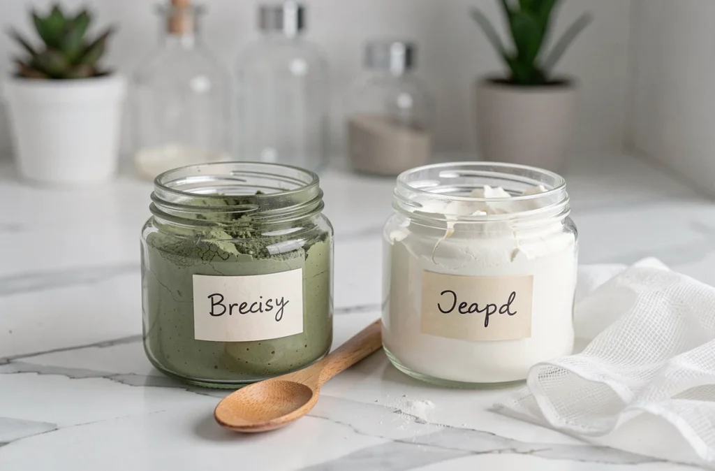 Comparaison argile verte et argile blanche en poudre dans des bocaux en verre pour cataplasme thérapeutique