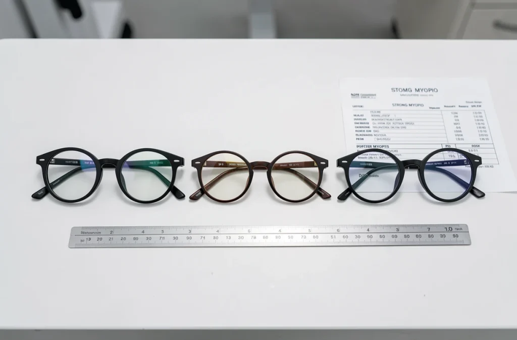 Comparaison de l'épaisseur de verres de lunettes pour différents niveaux de myopie forte sur fond blanc