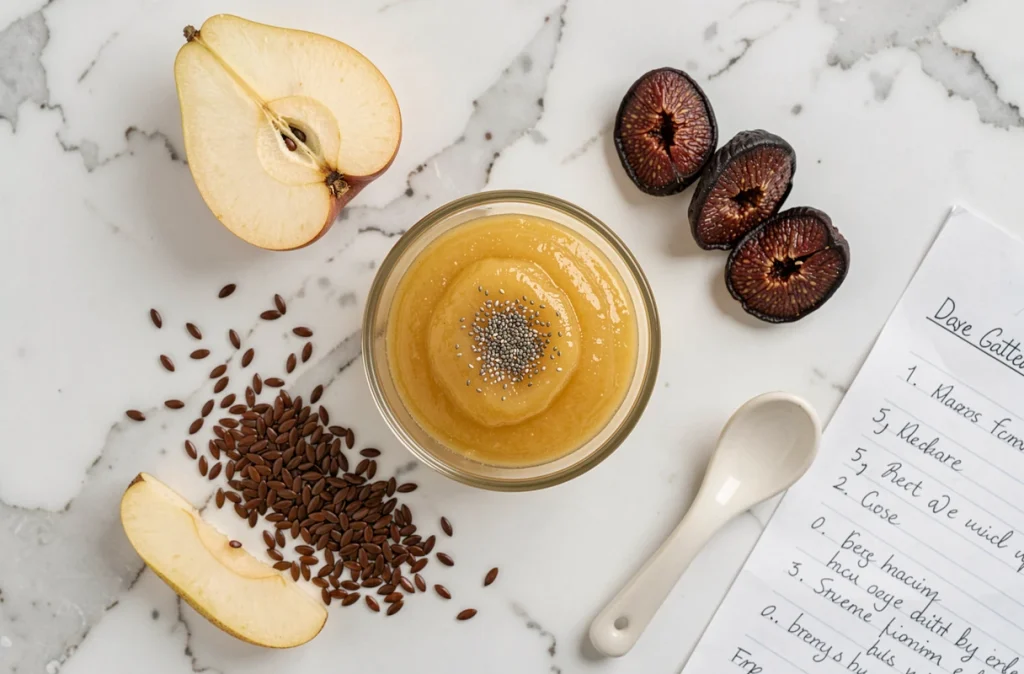 Vue du dessus d'une compote anti-constipation avec graines de chia, figues et poires sur marbre blanc, alimentation transit lent