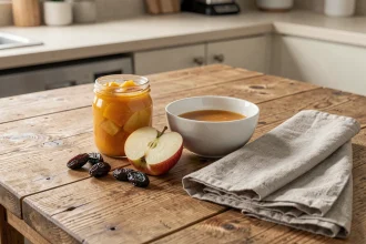 Bol de compote maison avec pruneaux et pommes fraîches sur une table en bois, petit-déjeuner anti-constipation naturel