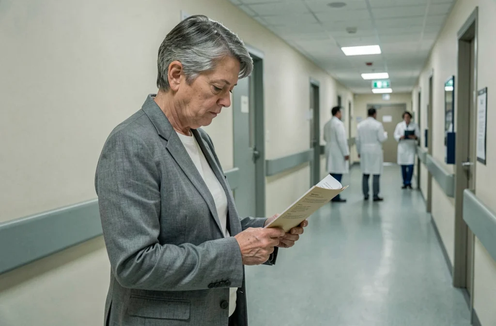 Personne consultant des documents médicaux dans un couloir d'hôpital moderne, illustrant la confidentialité des informations de santé et le droit à l'oubli