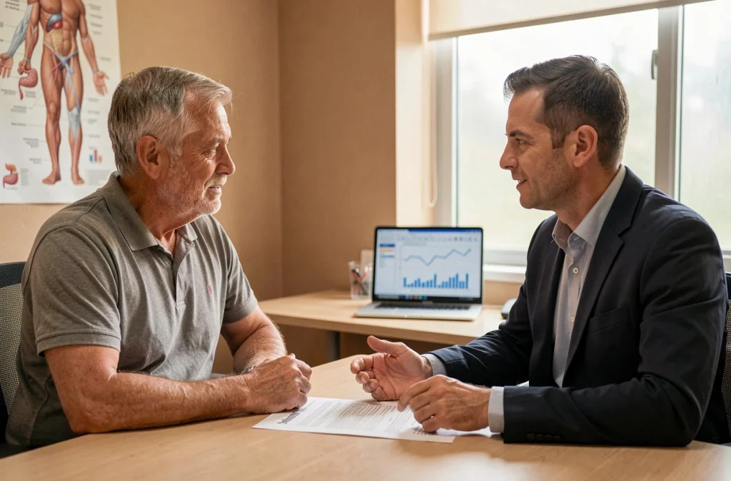 Patient en consultation avec un gastro-entérologue discutant d'un résultat de bilirubine directe basse