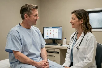 Patient discutant avec son médecin des résultats d'un bilan hépatique incluant les transaminases SGPT