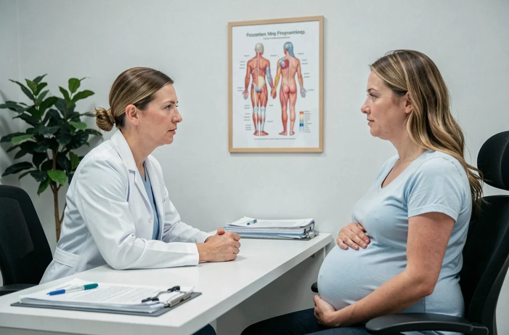 Sage-femme conseillant une femme enceinte sur les risques du costus indien lors d'une consultation médicale