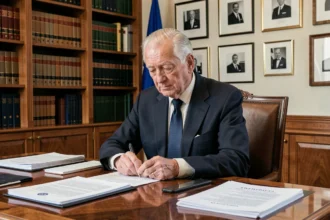 Portrait d'un diplomate âgé en costume sombre assis à son bureau ministériel entouré de documents officiels