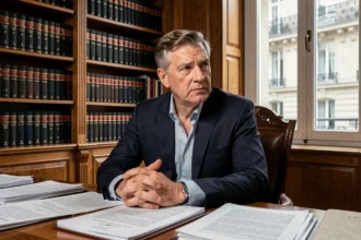 Homme distingué en costume sombre assis à un bureau dans un bureau parisien classique, évoquant la discrétion médicale et le droit à la vie privée