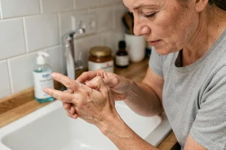 Femme retirant de la colle forte sur ses doigts au-dessus d'un évier de cuisine avec des produits naturels