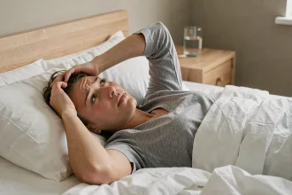Femme allongée dans son lit les yeux ouverts avec une expression d'inconfort, illustrant la sensation de fourmillement en position couchée