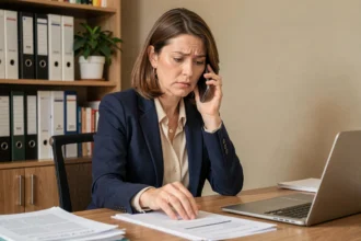 Femme contactant la CPAM par téléphone depuis son bureau à domicile, documents de sécurité sociale en main