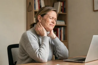 Femme tenant sa nuque douloureuse à son bureau, illustrant les douleurs cervicales liées aux vertiges et à la tête lourde