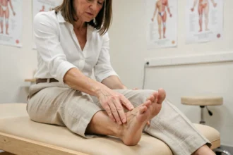 Femme tenant son talon douloureux lors d'une consultation en cabinet de kinésithérapie, illustrant la douleur liée à l'épine calcanéenne