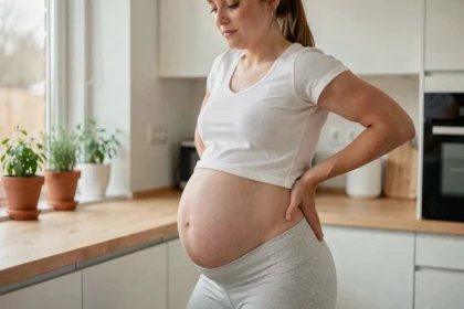 Femme enceinte effectuant un étirement du bas du dos dans une cuisine moderne pour soulager les douleurs dorsales pendant la grossesse