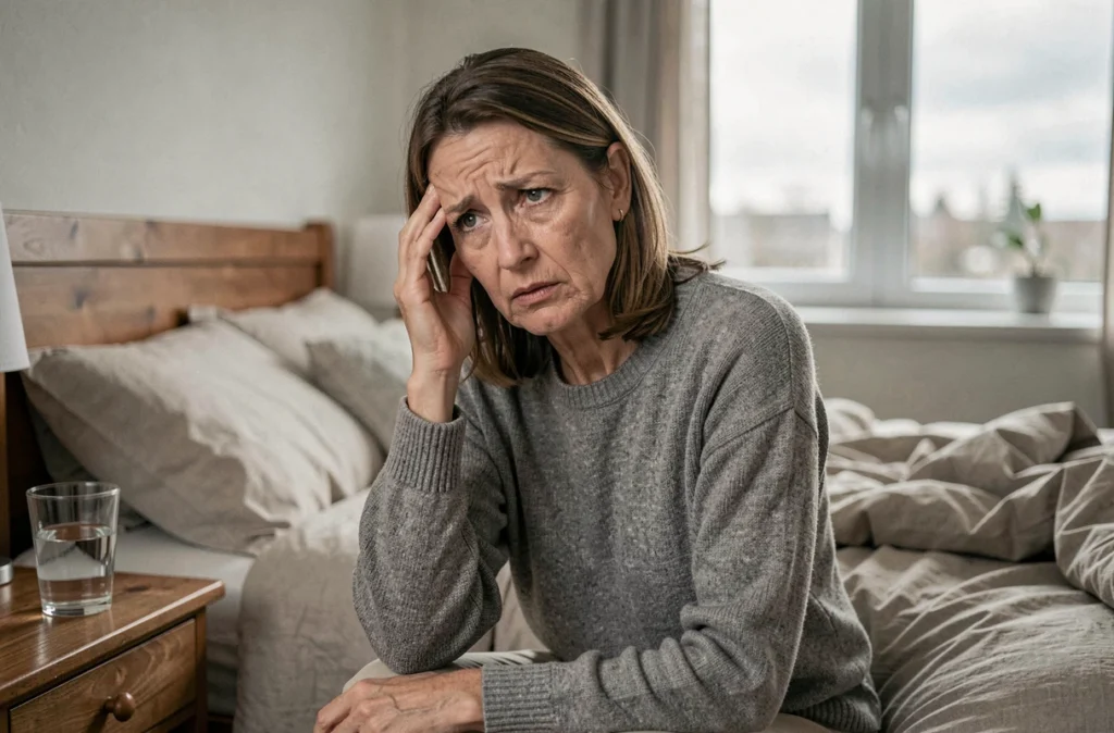 Femme fatiguée souffrant de symptômes d'anémie assise sur un lit, illustrant les conséquences d'un VGM anormal