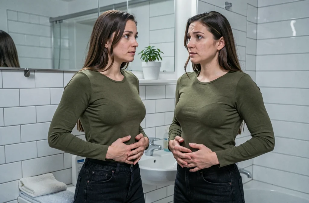 Femme se regardant dans le miroir de la salle de bain avec les mains sur le ventre, symbolisant la prise de conscience des premiers symptômes de grossesse
