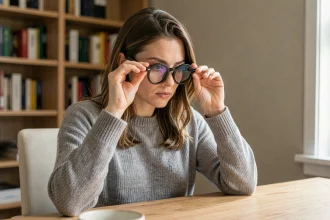 Femme myope tenant ses lunettes à verres épais pour analyser l'épaisseur des verres correcteurs
