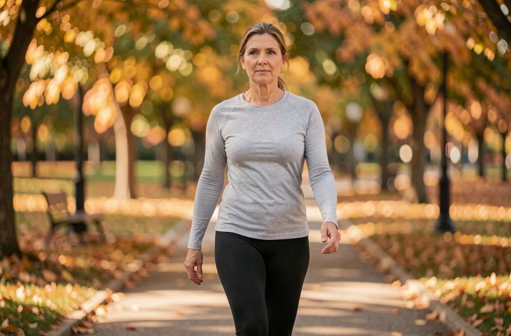 Femme senior portant une genouillère de compression marchant en parc pour protéger ses articulations genoux et hanches