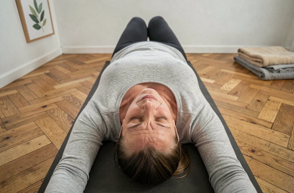 Femme âgée allongée sur un tapis de yoga au sol avec une expression d'inconfort crânien, illustrant les fourmillements en décubitus dorsal