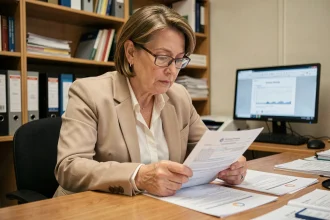 Femme fonctionnaire examinant un formulaire cerfa de bon de transport dans un bureau administratif