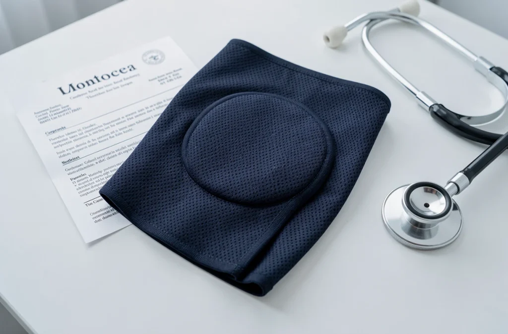 Genouillère orthopédique de soutien posée sur surface médicale blanche avec ordonnance pour protection des genoux GCA 2700