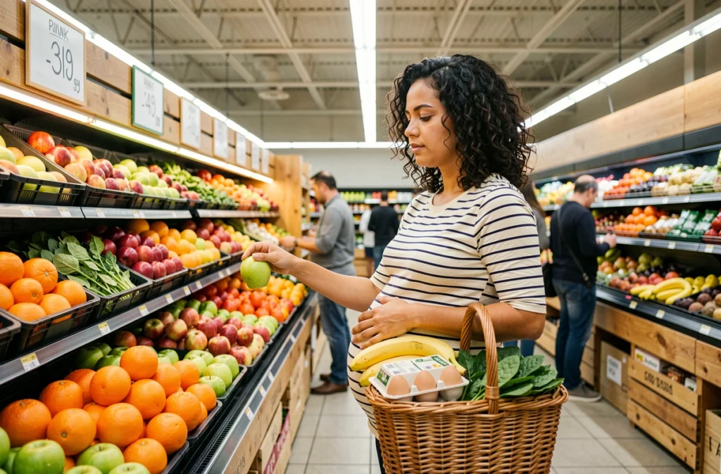Femme enceinte choisissant des fruits et légumes riches en nutriments essentiels au marché pour une alimentation saine pendant la grossesse
