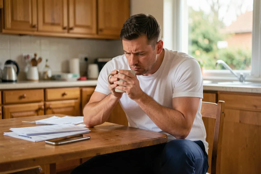 Homme soucieux à la table de sa cuisine consultant des informations médicales sur la maladie de Gilbert et le risque de cancer