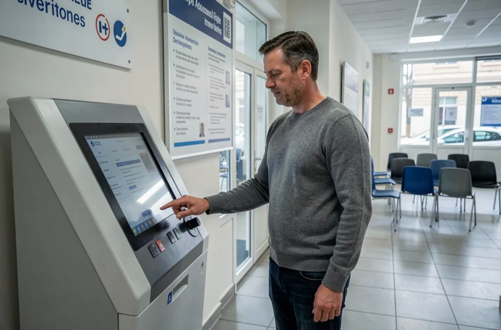 Homme utilisant une borne interactive dans une agence CPAM pour trouver le bon contact local