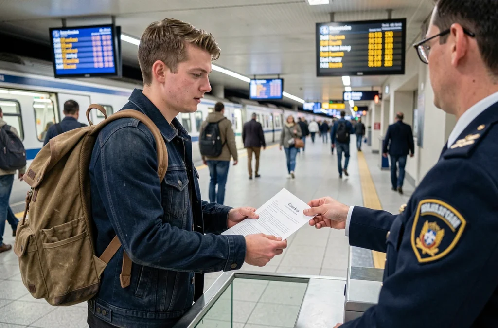 Jeune homme présentant un bon de transport cerfa à un guichet de gare SNCF