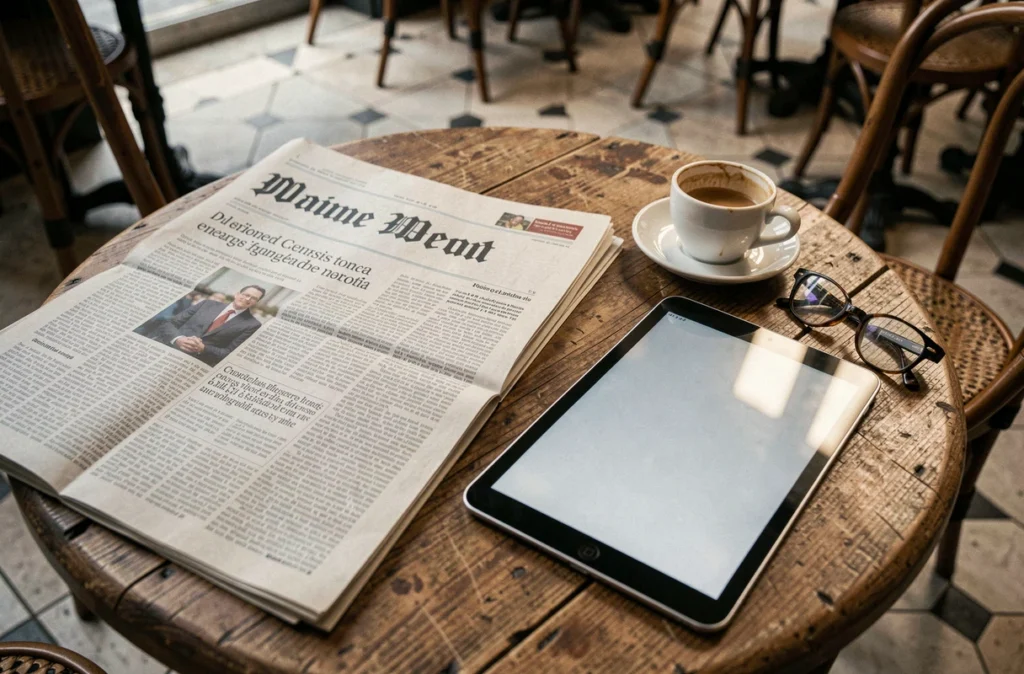 Journal imprimé et tablette numérique posés sur une table de café parisien illustrant la couverture médiatique politique