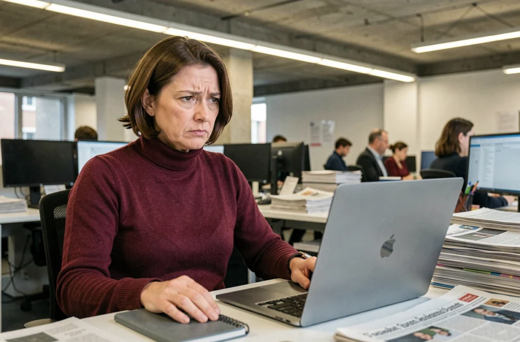 Journaliste réfléchissant devant son ordinateur dans une rédaction française, illustrant le dilemme éthique entre curiosité publique et respect de la vie privée