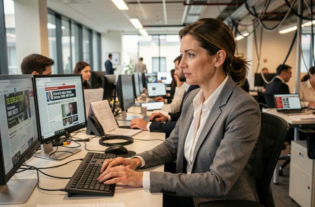 Journaliste professionnelle dans une salle de rédaction moderne analysant des articles sur écrans multiples