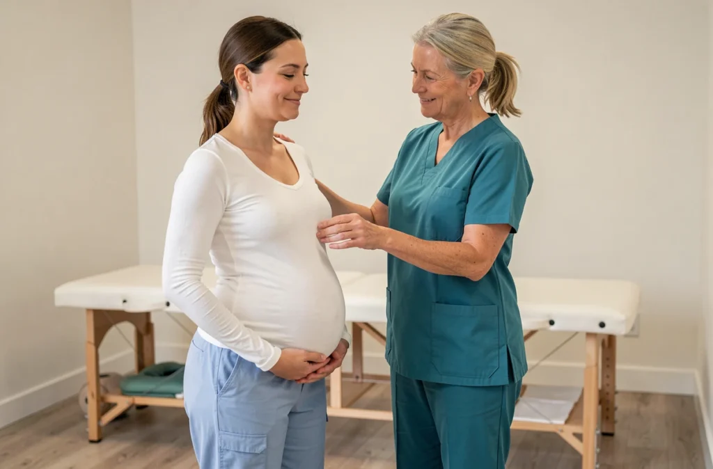 Femme enceinte accompagnée d'une kinésithérapeute dans une clinique pour apprendre des exercices de prévention des douleurs dorsales