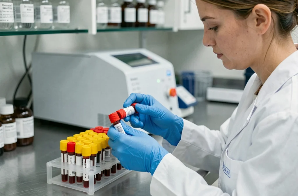 Technicienne de laboratoire analysant des tubes de sang pour mesurer les transaminases SGPT dans un bilan hépatique