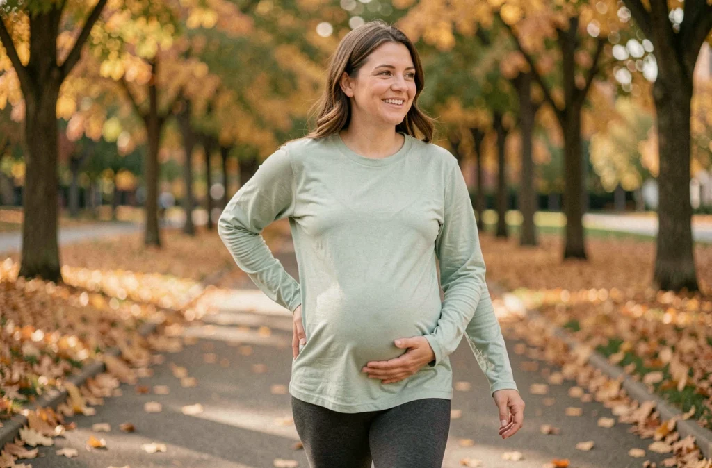 Femme enceinte au troisième trimestre marchant dans un parc en automne pour une activité physique adaptée