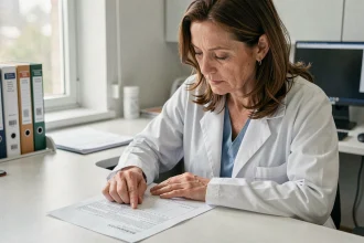 Médecin généraliste examinant un résultat d'analyse de bilirubine dans un cabinet médical moderne