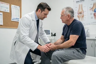 Médecin examinant le genou d'un patient senior en cabinet orthopédique pour évaluation médicale GCA 2700