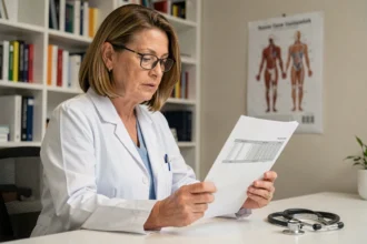 Médecin femme examinant des résultats d'analyse de sang incluant le VGM dans un cabinet médical moderne