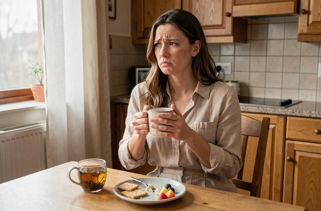 Femme assise à la table de cuisine tenant une tasse de tisane avec une expression de nausée, illustrant les troubles digestifs et alimentaires comme signes précoces de grossesse