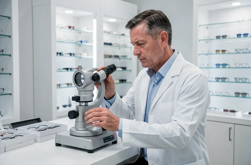 Opticien professionnel mesurant l'épaisseur d'un verre de lunettes pour myopie forte avec un lensomètre